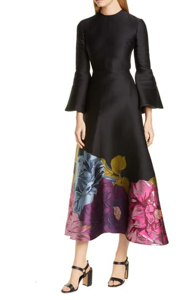 Shop Valentino Long Sleeve Metallic Floral Brocade Tea Length Dress In Multicolor