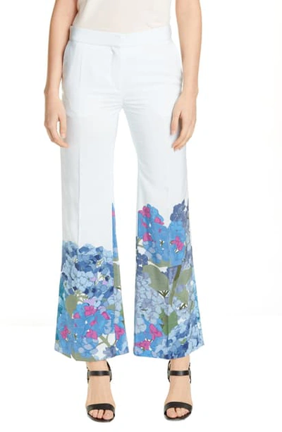 Shop Valentino Hydrangea Print Silk Crepe De Chine Pants In Avorio/ Greece Blue