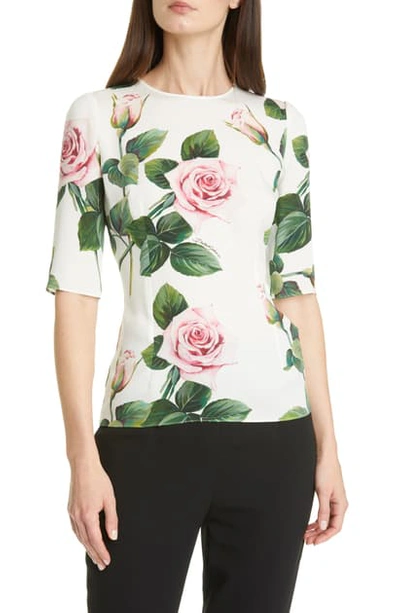 Shop Dolce & Gabbana Rose Print Stretch Silk Charmeuse Top In White
