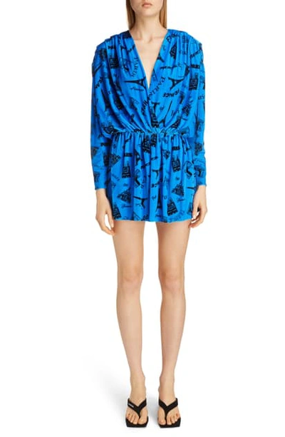 Shop Balenciaga Tourist Print Long Sleeve Stretch Velvet Romper In Blue