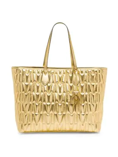 Shop Moschino Embossed Metallic Leather Tote In Gold
