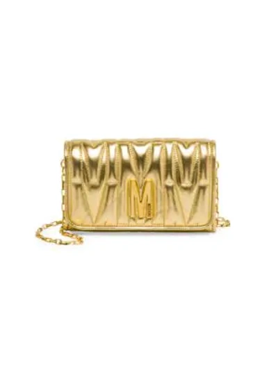 Shop Moschino Women's Embossed Metallic Leather Wallet-on-chain In Gold