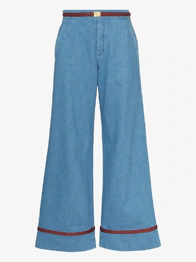 Shop Gucci Blue Trim Detail Wide Leg Jeans