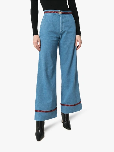 Shop Gucci Blue Trim Detail Wide Leg Jeans