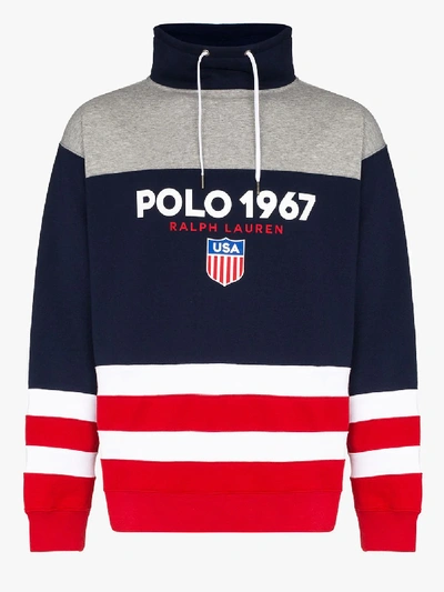 Shop Polo Ralph Lauren Striped Logo Sweatshirt In Blue