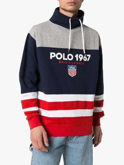 Shop Polo Ralph Lauren Striped Logo Sweatshirt In Blue