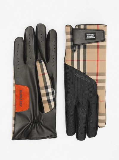 Shop Burberry Logo Appliqué Vintage Check And Lambskin Gloves In Archive Beige
