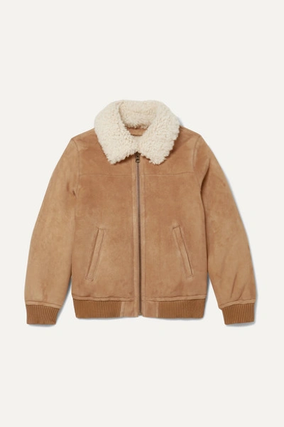 Shop Yves Salomon Ages 8-10 Shearling-trimmed Suede Bomber Jacket In Brown