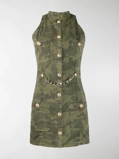 Shop Balmain Sleeveless Camouflage Print Denim Dress In Green