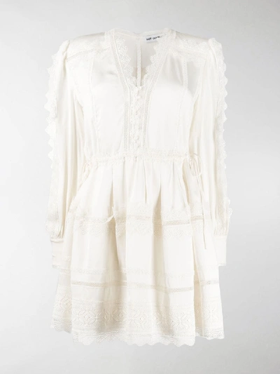 Shop Self-portrait Lace-trimmed Mini Dress In Neutrals