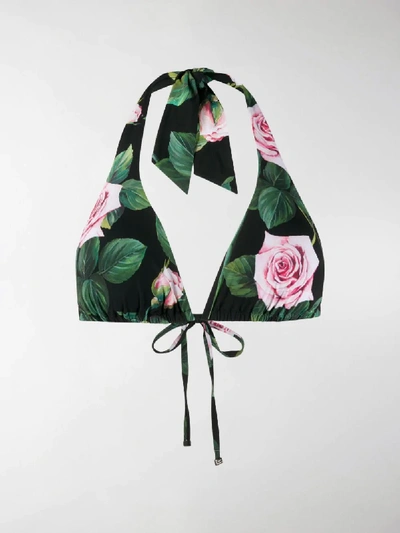 Shop Dolce & Gabbana Rose Print Bikini Top In Black