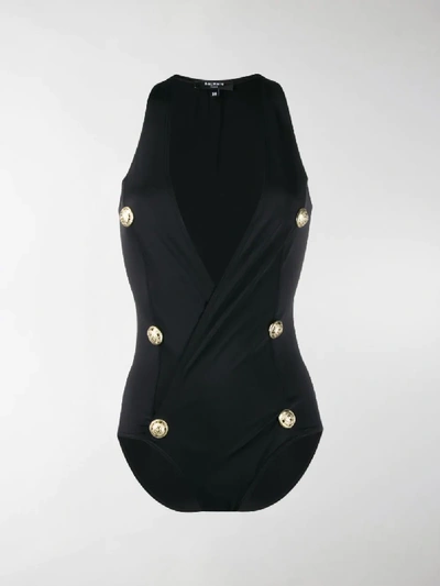 Shop Balmain Decorative Buttons Wrap Swimsuit In Black