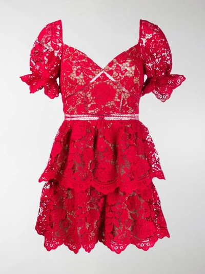 Shop Self-portrait Lace Flared Dress In Red