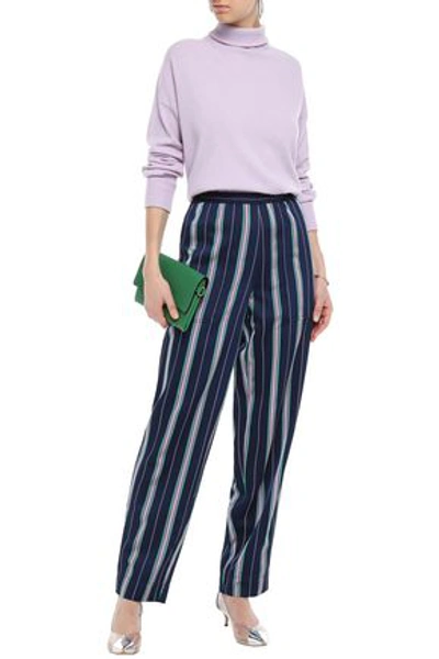 Shop Nina Ricci Striped Satin-jacquard Tapered Pants In Navy