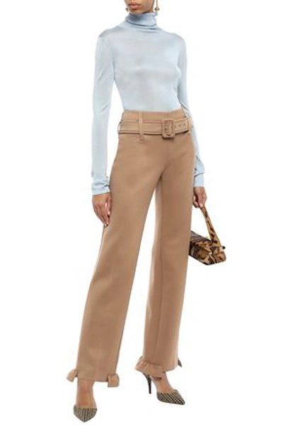 Shop Prada Belted Ruffle-trimmed Scuba Straight-leg Pants In Sand