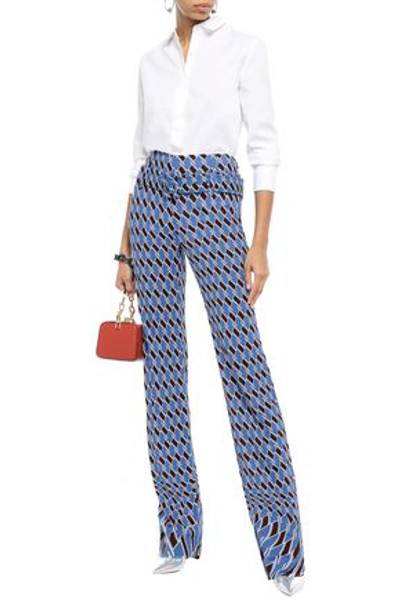 Shop Prada Belted Printed Jersey Straight-leg Pants In Blue
