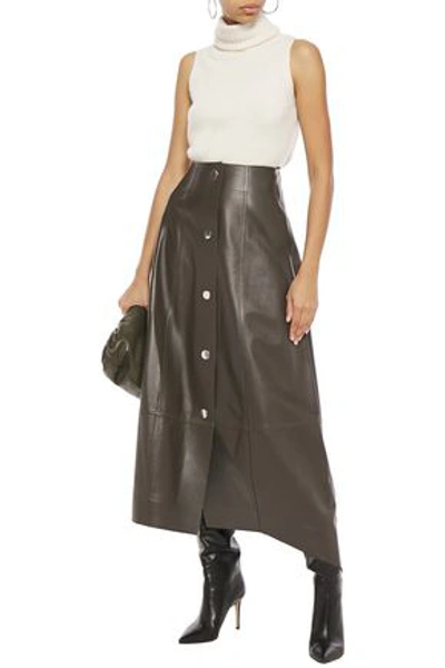 Shop Victoria Beckham Asymmetric Snap-detailed Leather Midi Skirt In Army Green