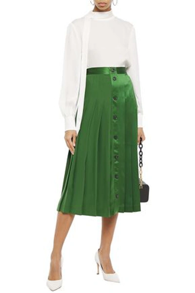 Shop Victoria Beckham Pleated Silk-satin Midi Skirt In Green