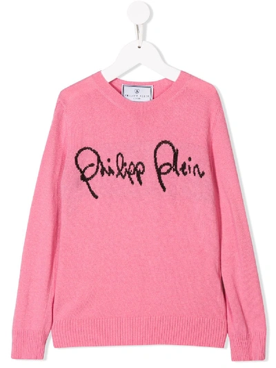 Shop Philipp Plein Junior Round Neck Ls Signature Sweater In Pink