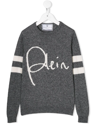 Shop Philipp Plein Junior Signature Logo Sweater In Grey