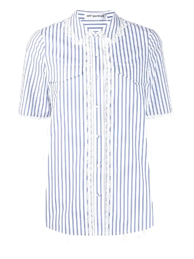 Shop Self-portrait Striped Lace Trim Cotton Shirt In White