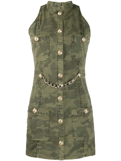Shop Balmain Sleeveless Camouflage Print Denim Dress In Green