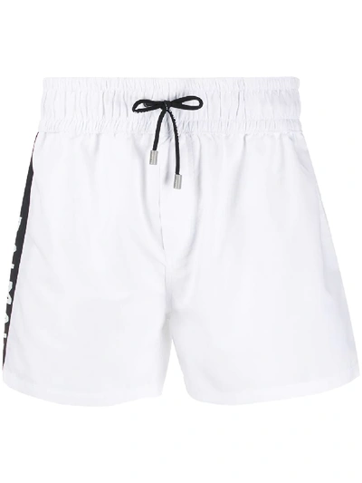 Shop Balmain Logo Stripe Swim Shorts In White