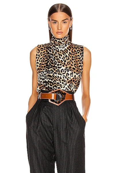 Shop Ganni Silk Stretch Satin Top In Leopard