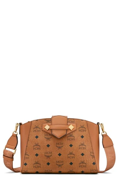 Shop Mcm Small Essential Visetos Coated Canvas Crossbody Bag In Cognac