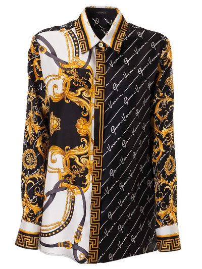 Shop Versace Belted Waist Contrast Print Shirt In White/stamp