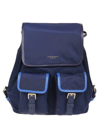 Shop Tory Burch Backpack Perry Color-block Flap In Royal Navy