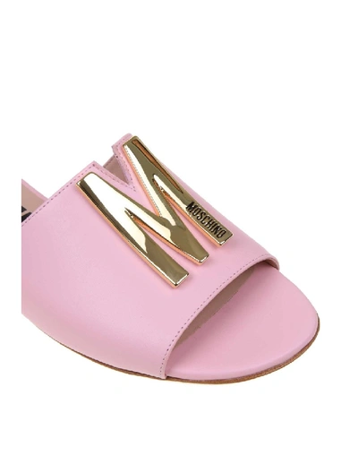 Shop Moschino Ciabatta In Leather With Metal Logo In Pink