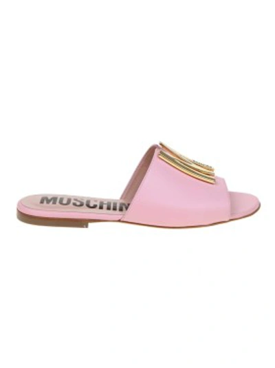 Shop Moschino Ciabatta In Leather With Metal Logo In Pink