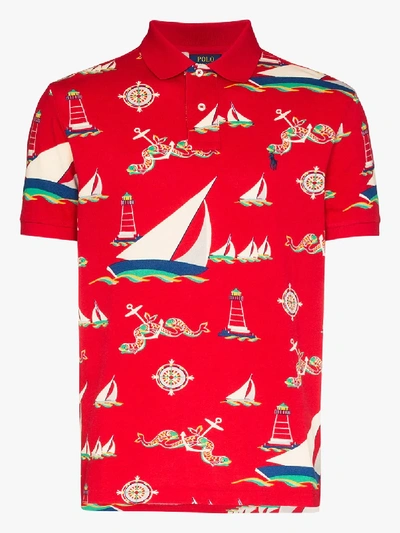 Shop Polo Ralph Lauren Boat Print Polo Shirt In Red