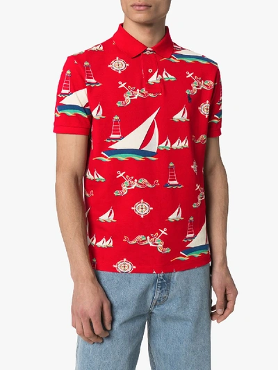 Shop Polo Ralph Lauren Boat Print Polo Shirt In Red