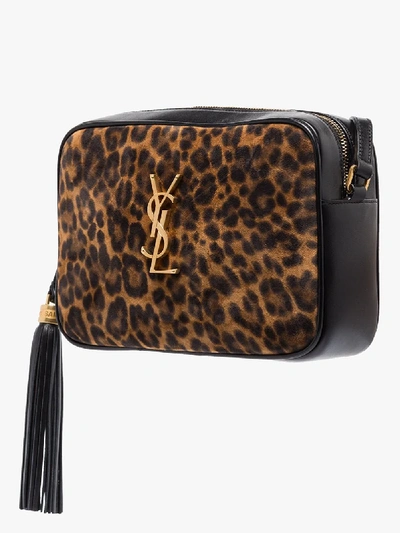 Shop Saint Laurent Brown Lou Leopard Print Suede Cross Body Bag