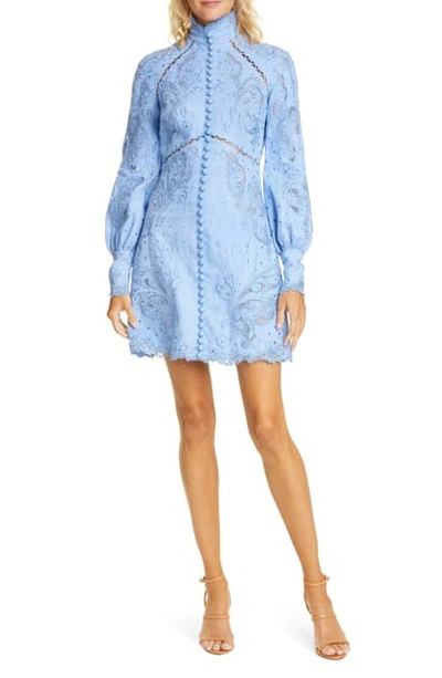 Shop Zimmermann Super Eight Long Sleeve Embroidered Minidress In Cornflower