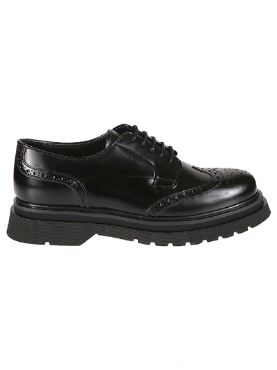 Shop Prada Embossed Logo Perforated Derby Shoes In Black