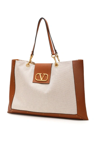 Shop Valentino Vlogo Canvas Tote Bag In Beige Selleria (beige)