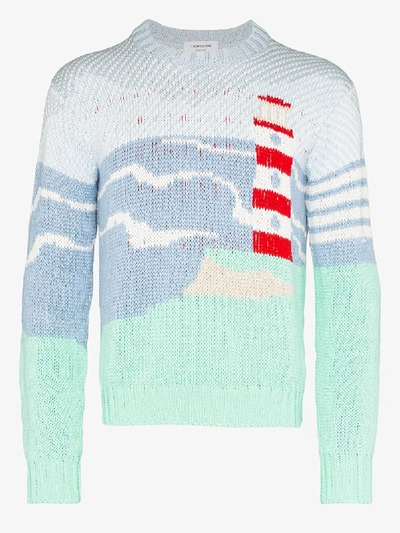 Shop Thom Browne Mens Blue Sea Scenic Cotton Sweater