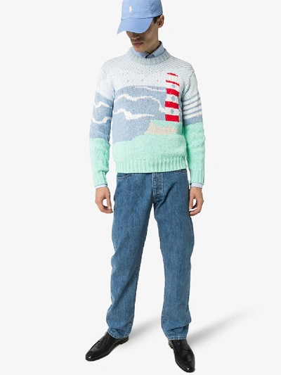 Shop Thom Browne Mens Blue Sea Scenic Cotton Sweater