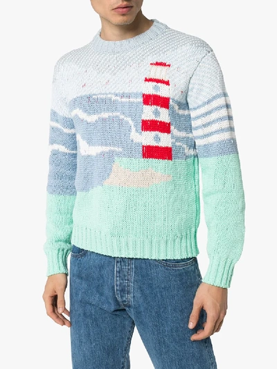 Shop Thom Browne Mens Blue Sea Scenic Cotton Sweater