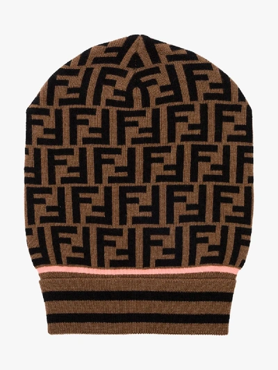 Shop Fendi Brown And Pink Logo Knitted Hat