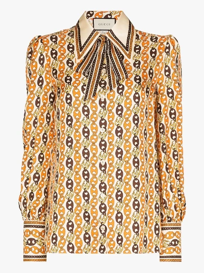 Shop Gucci Pussybow Chain Print Silk Blouse In Orange