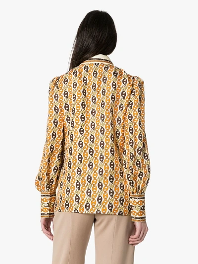 Shop Gucci Pussybow Chain Print Silk Blouse In Orange