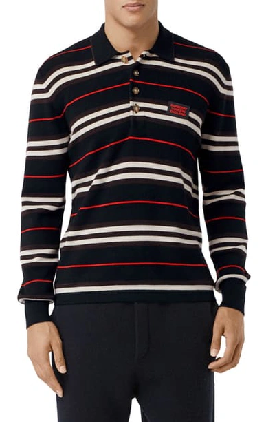 Shop Burberry Rigby Stripe Long Sleeve Knit Polo In Black