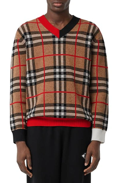 Shop Burberry Duggan Check V-neck Sweater In Archive Beige