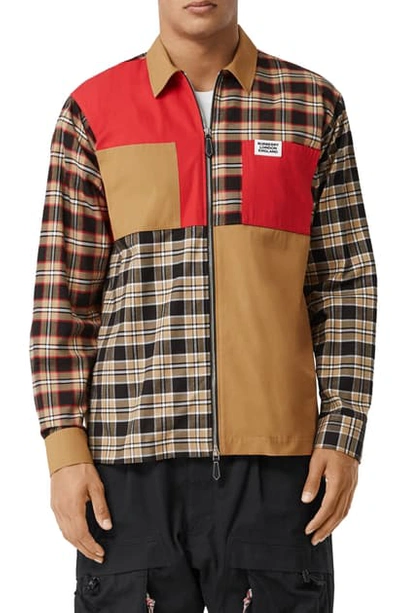 Shop Burberry Halkin Colorblock Zip Shirt Jacket In Black Pattern