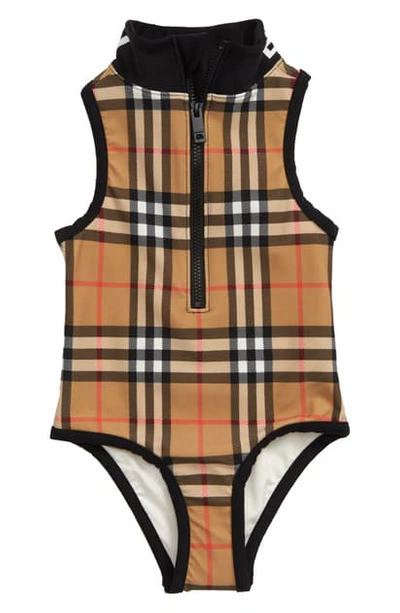 Shop Burberry Siera Check One-piece Swimsuit In Antique Yellow