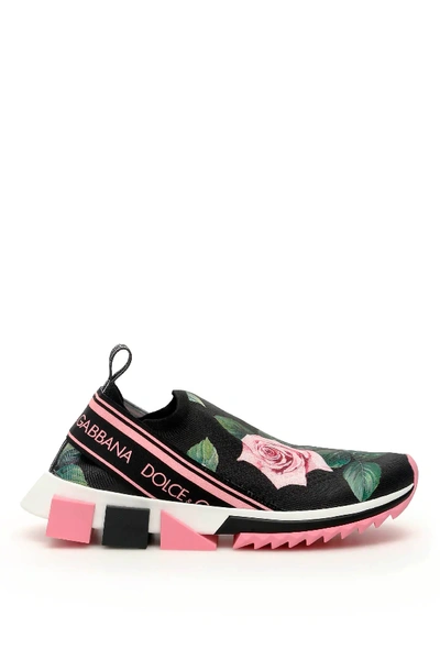 Shop Dolce & Gabbana Rose Print Running Sneakers In Black,pink,green